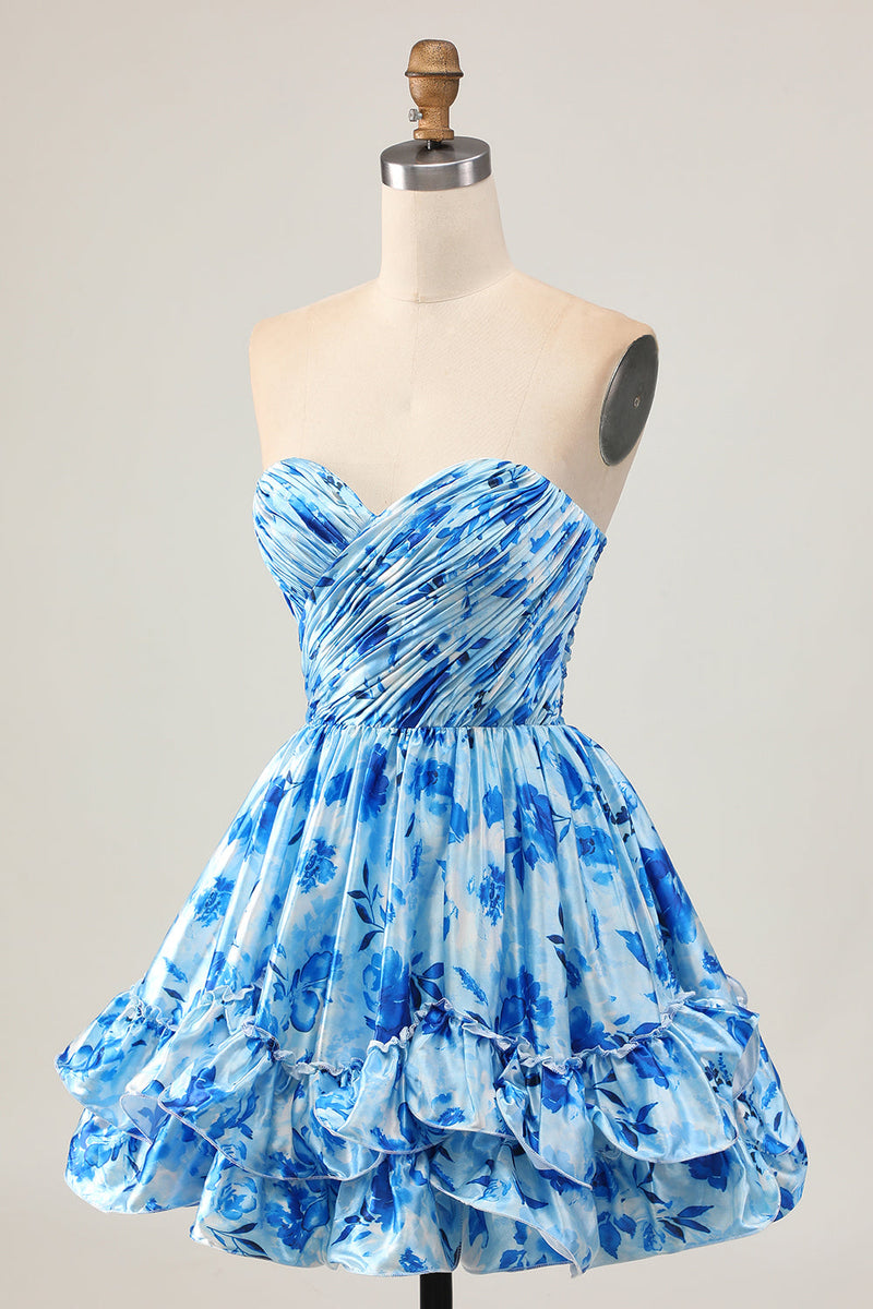 Load image into Gallery viewer, Blue Floral Short Sweetheart Prom Dress with Ruffles