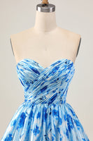 Load image into Gallery viewer, Blue Floral Short Sweetheart Prom Dress with Ruffles