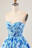 Load image into Gallery viewer, Blue Floral Short Sweetheart Prom Dress with Ruffles