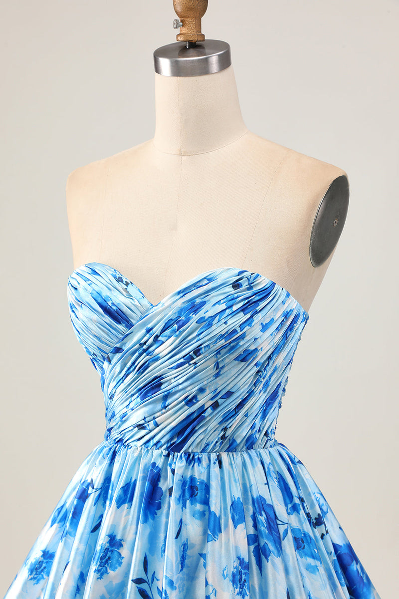 Load image into Gallery viewer, Blue Floral Short Sweetheart Prom Dress with Ruffles