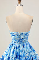 Load image into Gallery viewer, Blue Floral Short Sweetheart Prom Dress with Ruffles