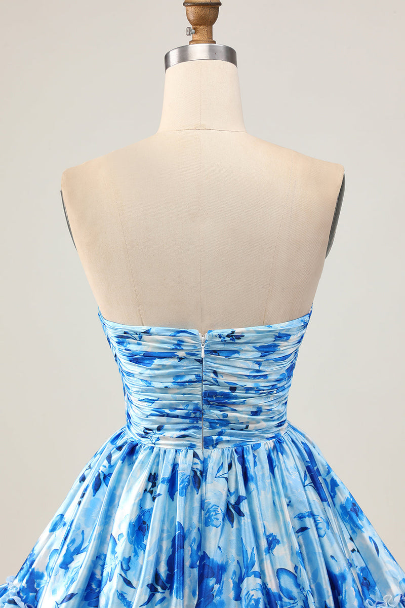 Load image into Gallery viewer, Blue Floral Short Sweetheart Prom Dress with Ruffles