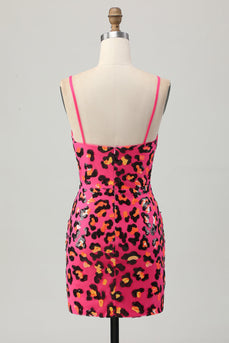 Sparkly Fuchsia Sequin Leopard Tight Short Prom Dress