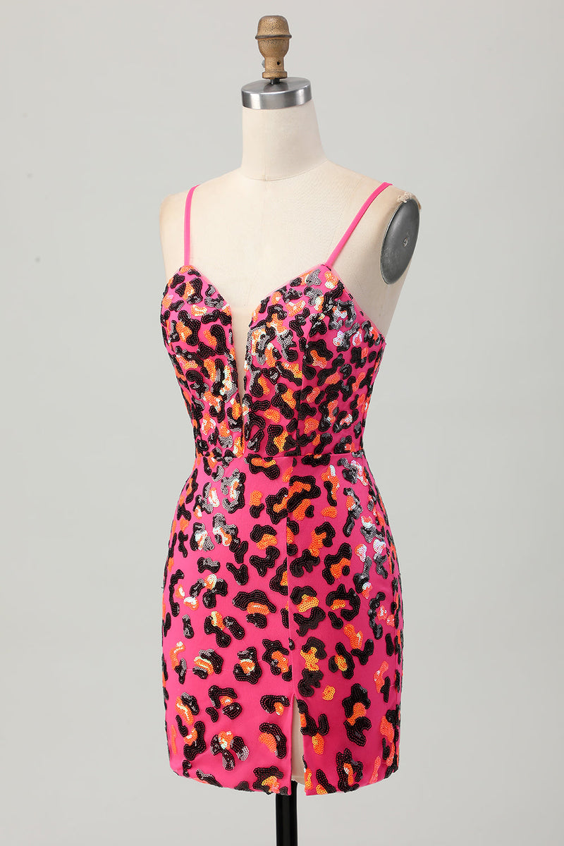 Load image into Gallery viewer, Sparkly Fuchsia Sequin Leopard Tight Short Prom Dress