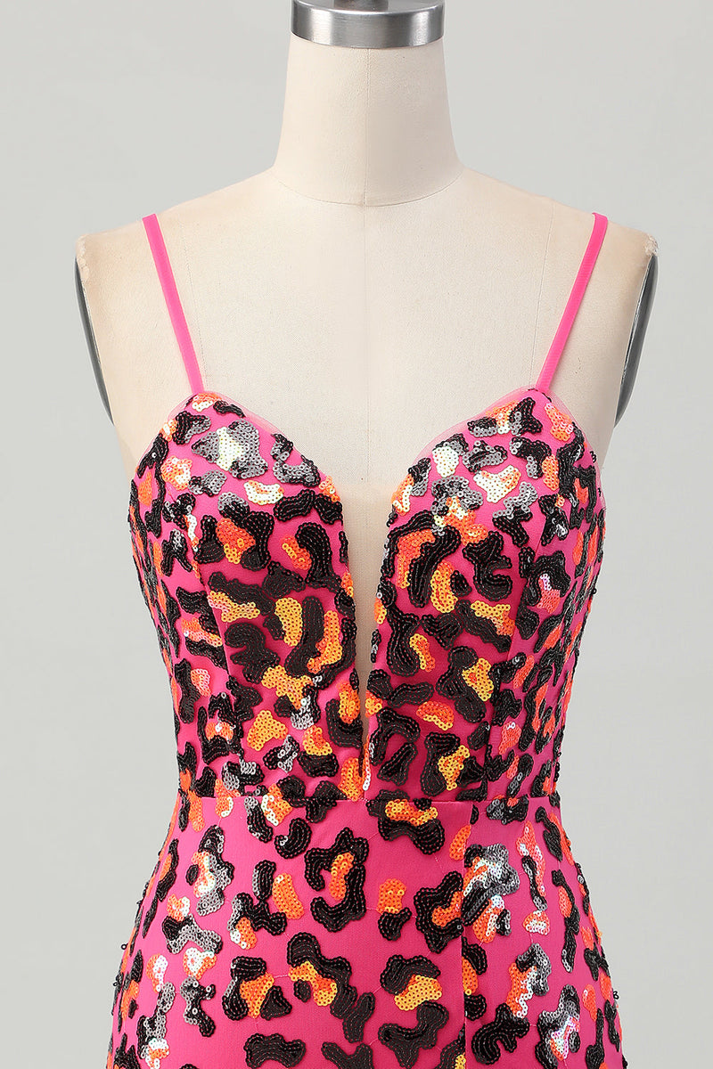 Load image into Gallery viewer, Sparkly Fuchsia Sequin Leopard Tight Short Prom Dress