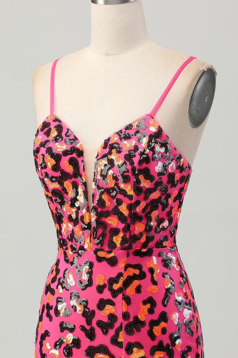 Load image into Gallery viewer, Sparkly Fuchsia Sequin Leopard Tight Short Prom Dress
