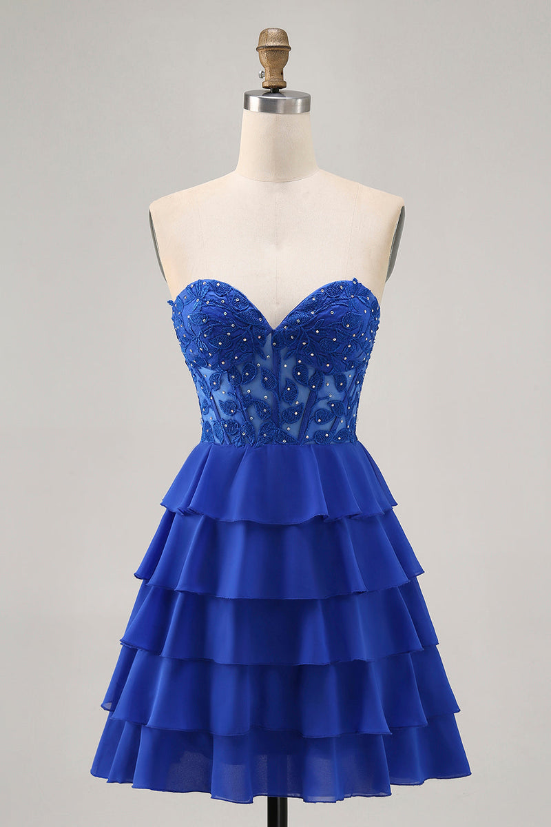 Load image into Gallery viewer, Royal Blue Sweetheart Corset Tiered Short Prom Dress