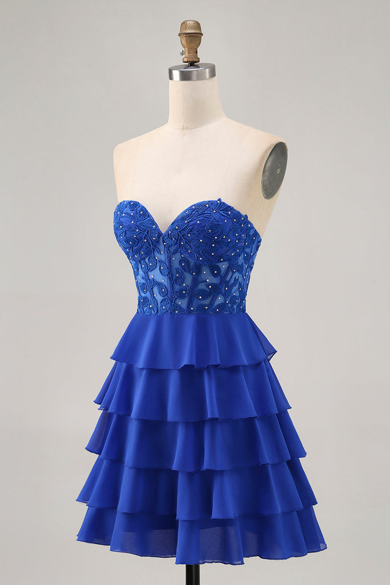 Load image into Gallery viewer, Royal Blue Sweetheart Corset Tiered Short Prom Dress