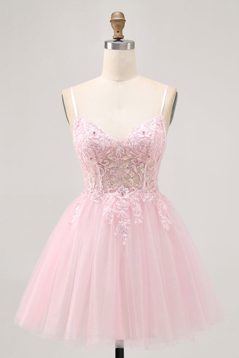 Load image into Gallery viewer, Sparkly Pink A Line Short Corset Prom Dress with Lace