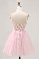 Load image into Gallery viewer, Sparkly Pink A Line Short Corset Prom Dress with Lace