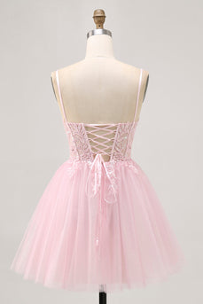 Sparkly Pink A Line Short Corset Prom Dress with Lace