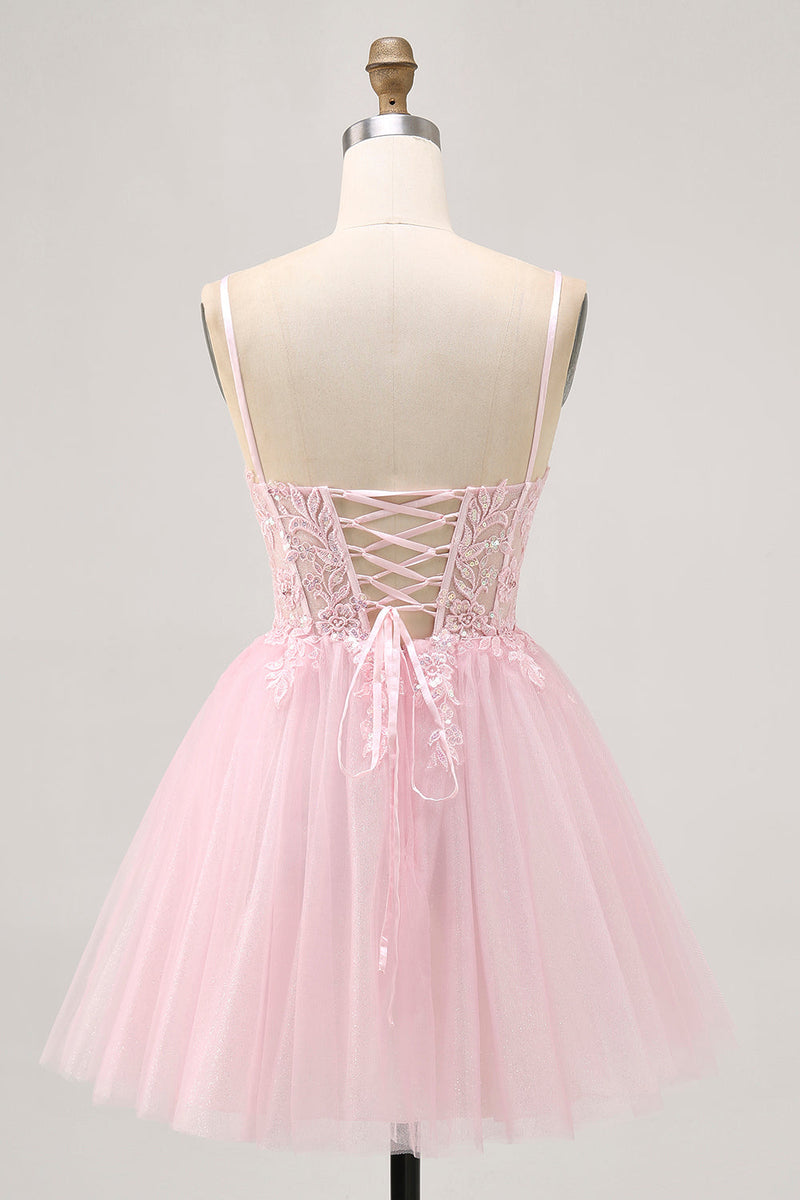 Load image into Gallery viewer, Sparkly Pink A Line Short Corset Prom Dress with Lace