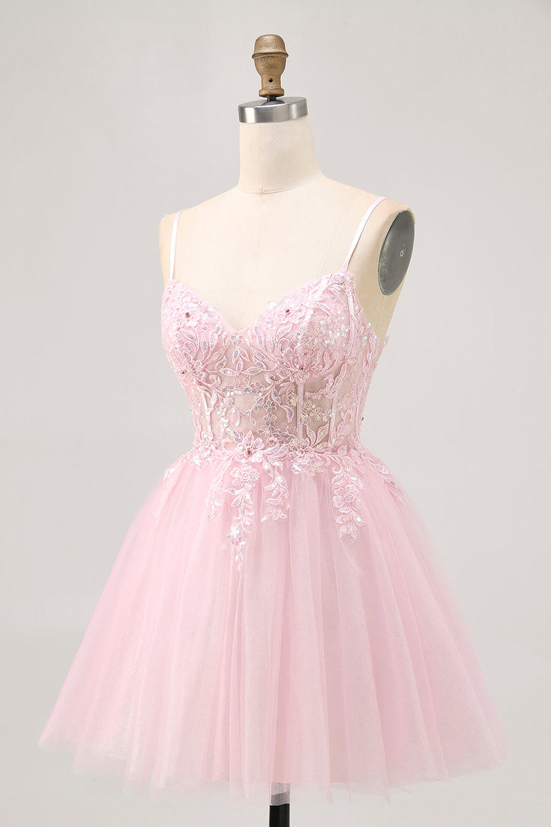Load image into Gallery viewer, Sparkly Pink A Line Short Corset Prom Dress with Lace