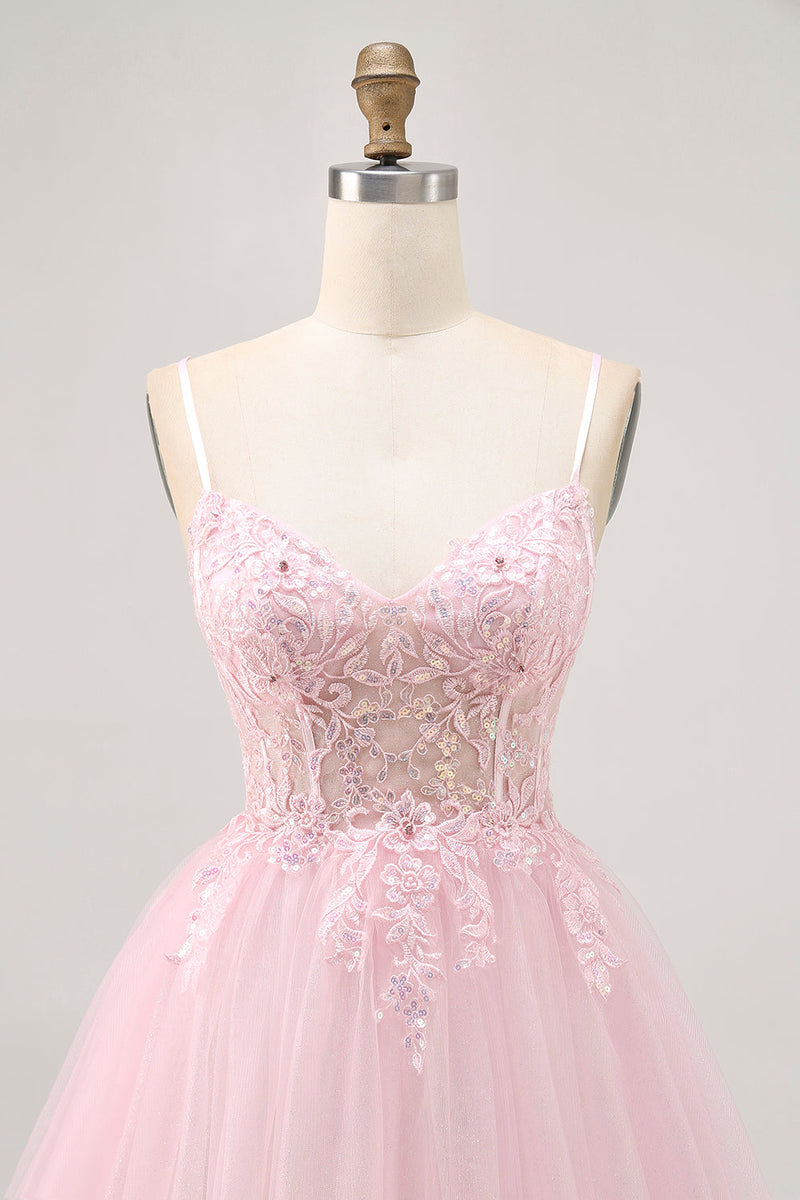 Load image into Gallery viewer, Sparkly Pink A Line Short Corset Prom Dress with Lace