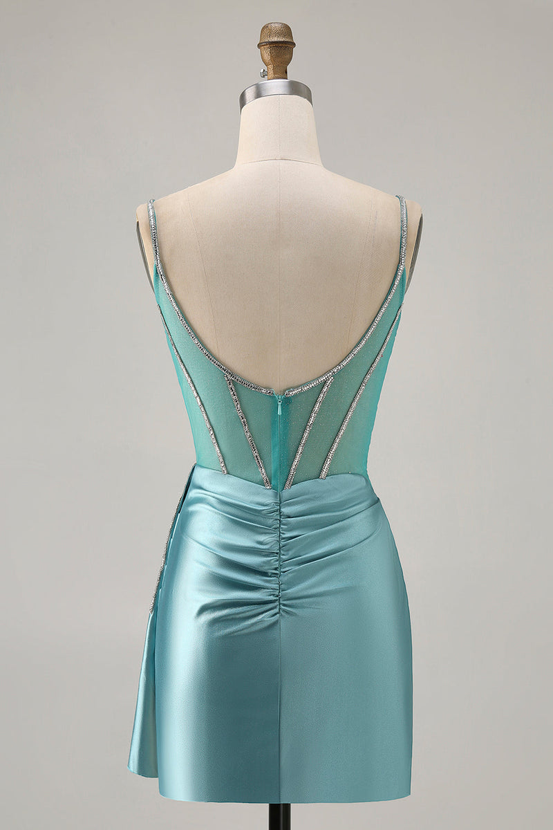 Load image into Gallery viewer, Sparkly Green Satin Tight Corset Short Prom Dress