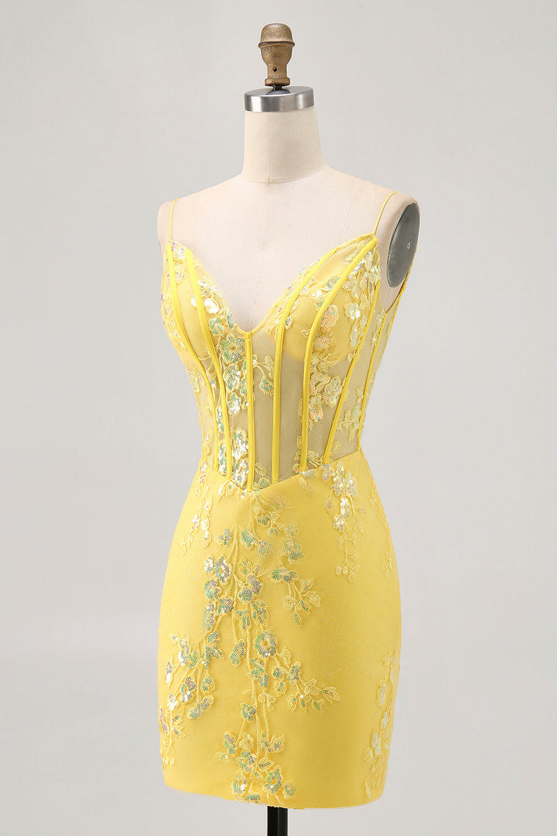 Load image into Gallery viewer, Sparkly Yellow Floral Tight Short Corset Prom Dress with Sequins