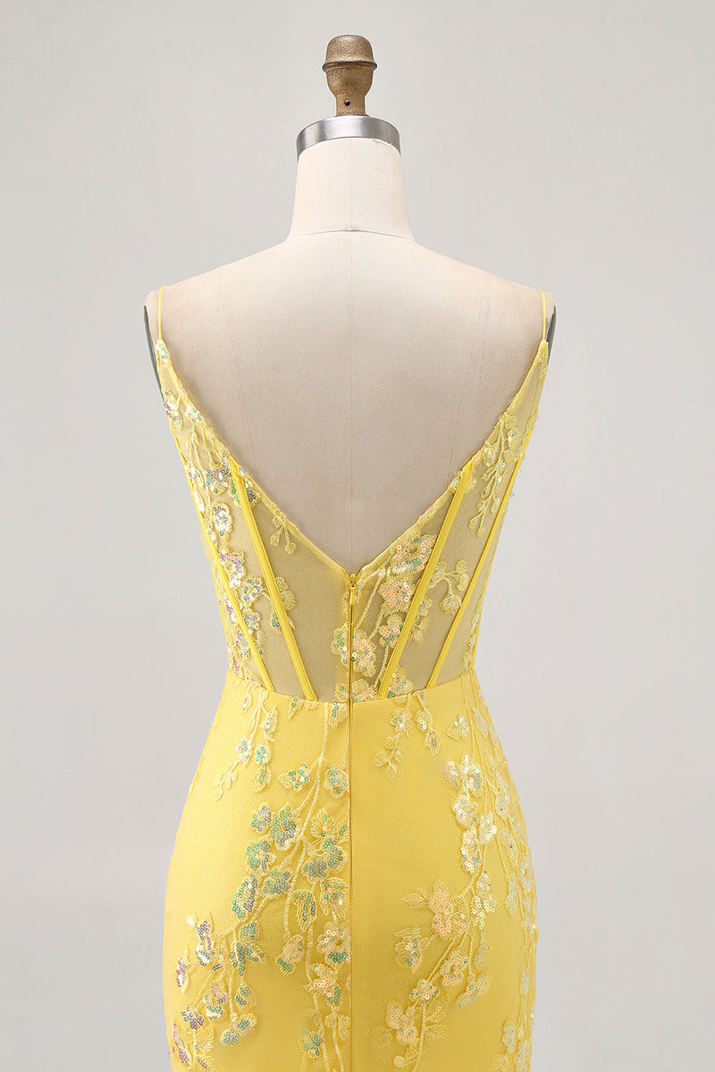 Load image into Gallery viewer, Sparkly Yellow Floral Tight Short Corset Prom Dress with Sequins