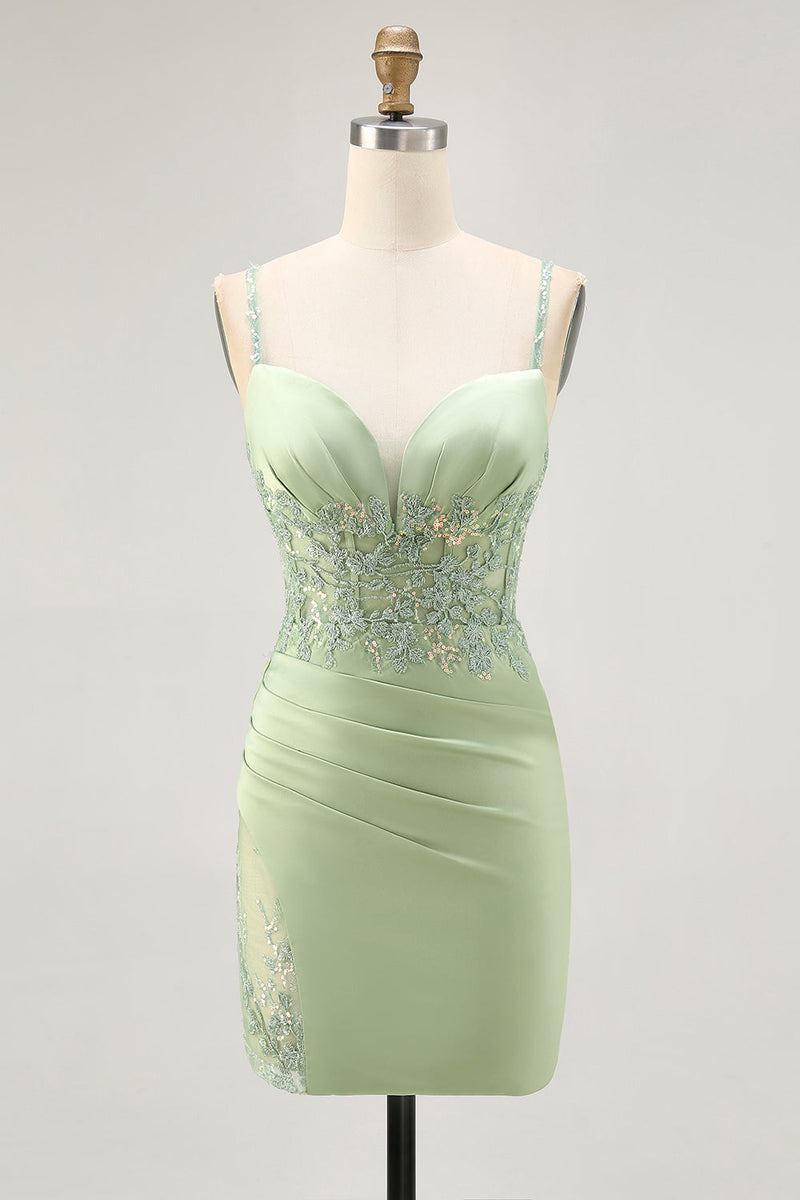 Queendancer Women Sparkly Matcha Short Corset Prom Dress with Lace Ruched  Tight Spaghetti Straps Cocktail Dress with Sequins  queendanceruk