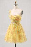 Load image into Gallery viewer, Sparkly Yellow One Shoulder Floral Short Prom Dress with Bow