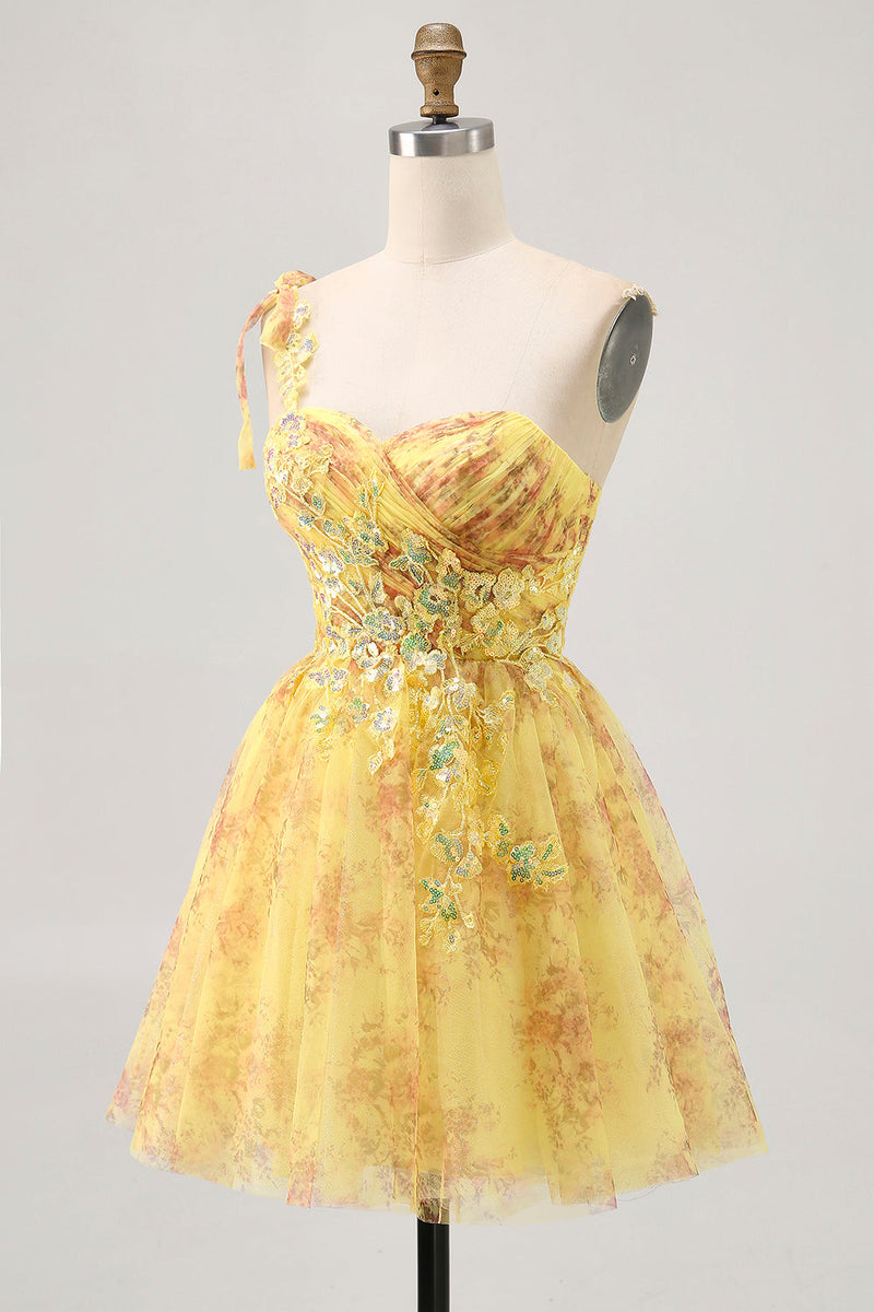 Load image into Gallery viewer, Sparkly Yellow One Shoulder Floral Short Prom Dress with Bow
