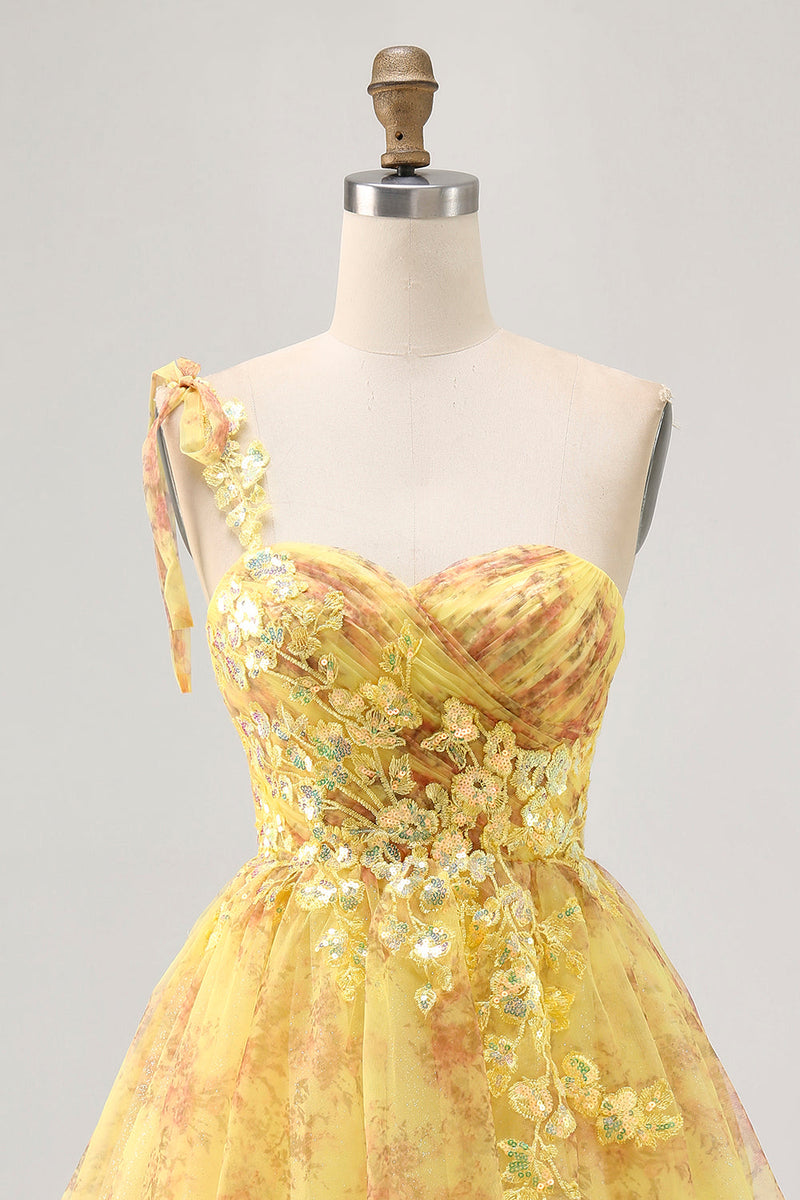 Load image into Gallery viewer, Sparkly Yellow One Shoulder Floral Short Prom Dress with Bow