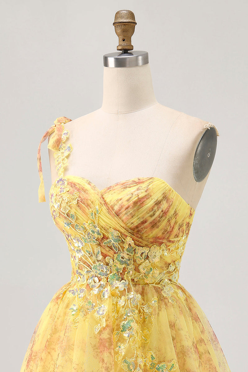 Load image into Gallery viewer, Sparkly Yellow One Shoulder Floral Short Prom Dress with Bow
