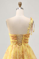 Load image into Gallery viewer, Sparkly Yellow One Shoulder Floral Short Prom Dress with Bow