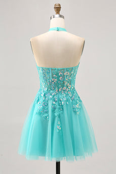 Sparkly Green Halter Corset Short Prom Dress with Appliques