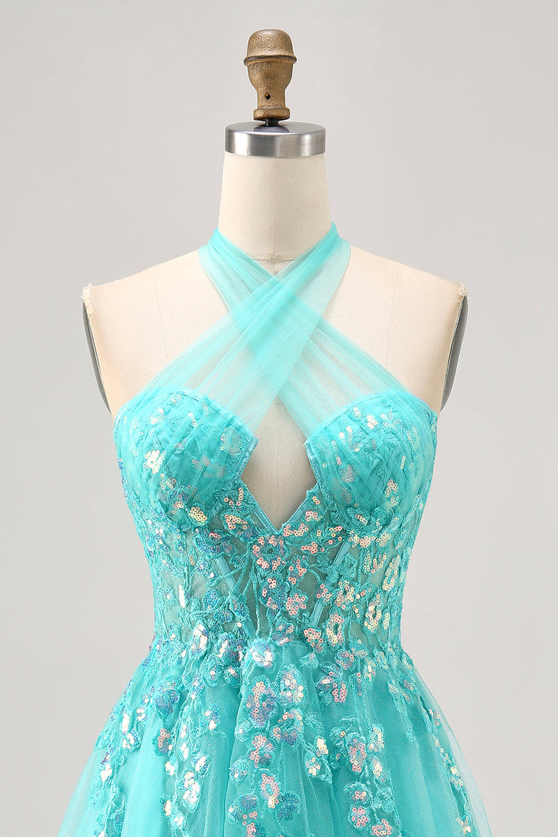 Load image into Gallery viewer, Sparkly Green Halter Corset Short Prom Dress with Appliques