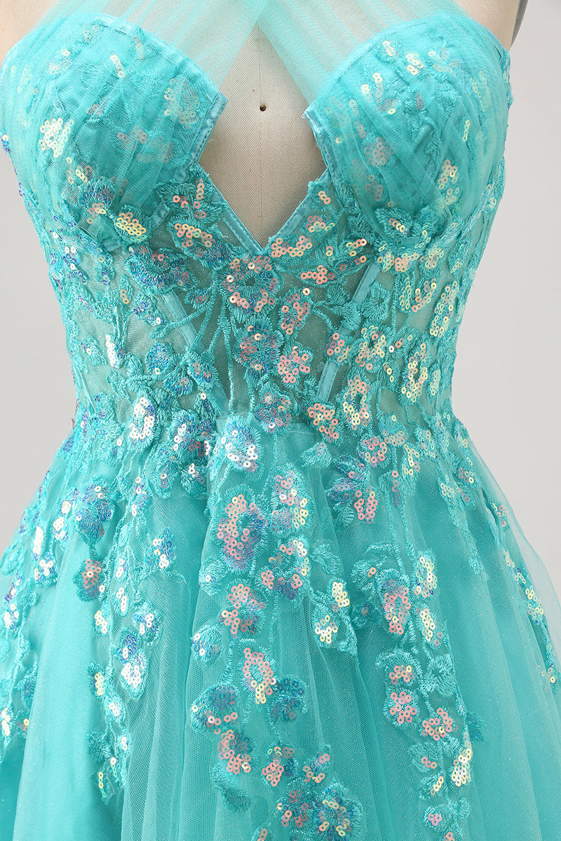 Load image into Gallery viewer, Sparkly Green Halter Corset Short Prom Dress with Appliques
