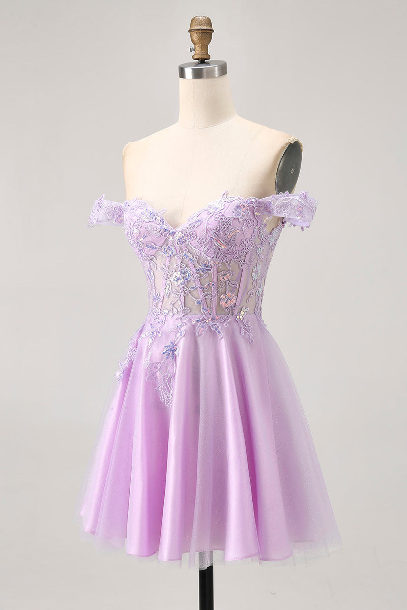 Load image into Gallery viewer, Glitter Lilac A Line Corset Short Prom Dress with Appliques