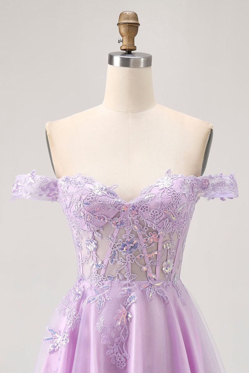 Load image into Gallery viewer, Glitter Lilac A Line Corset Short Prom Dress with Appliques