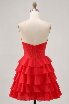 Sparkly Red Tiered Short Corset Prom Dress with Beading