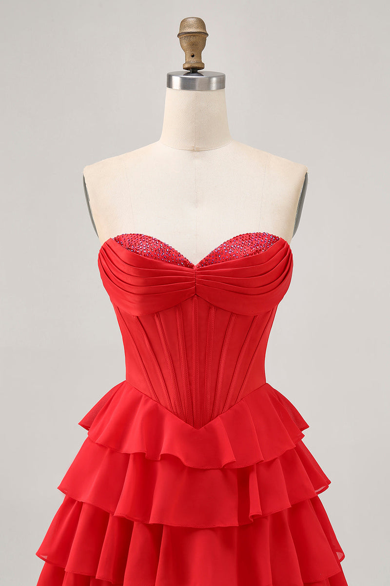Load image into Gallery viewer, Sparkly Red Tiered Short Corset Prom Dress with Beading