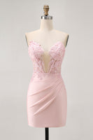 Load image into Gallery viewer, Blush Corset Tight Floral Satin Short Prom Dress with Lace