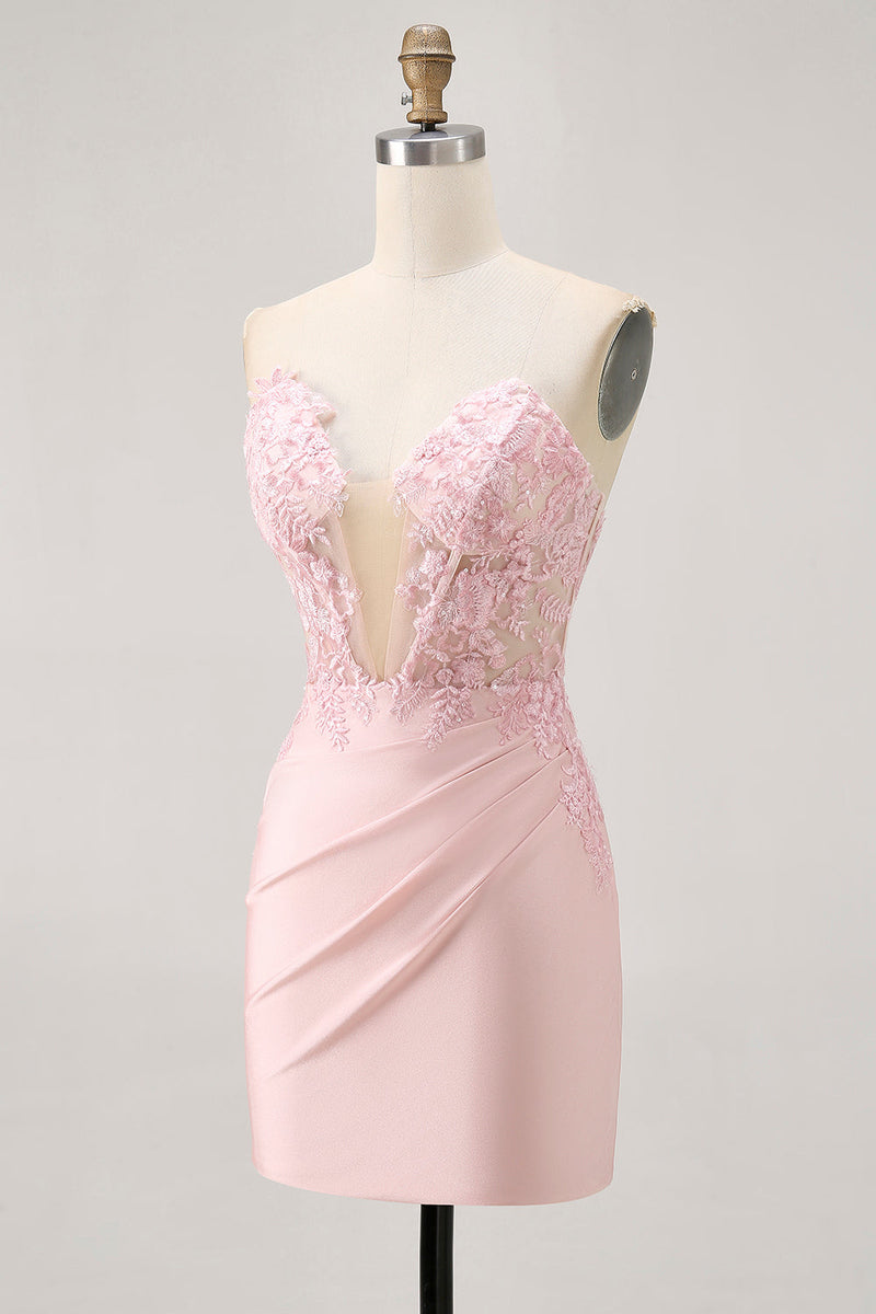 Load image into Gallery viewer, Blush Corset Tight Floral Satin Short Prom Dress with Lace