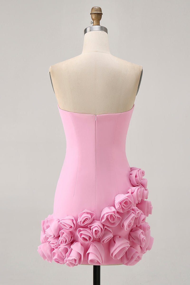 Load image into Gallery viewer, Pink Strapless Tight Satin Short Prom Dress with 3D Flowers