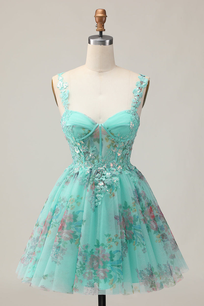Load image into Gallery viewer, Sparkly Green Floral Corset A Line Short Prom Dress with Sequins