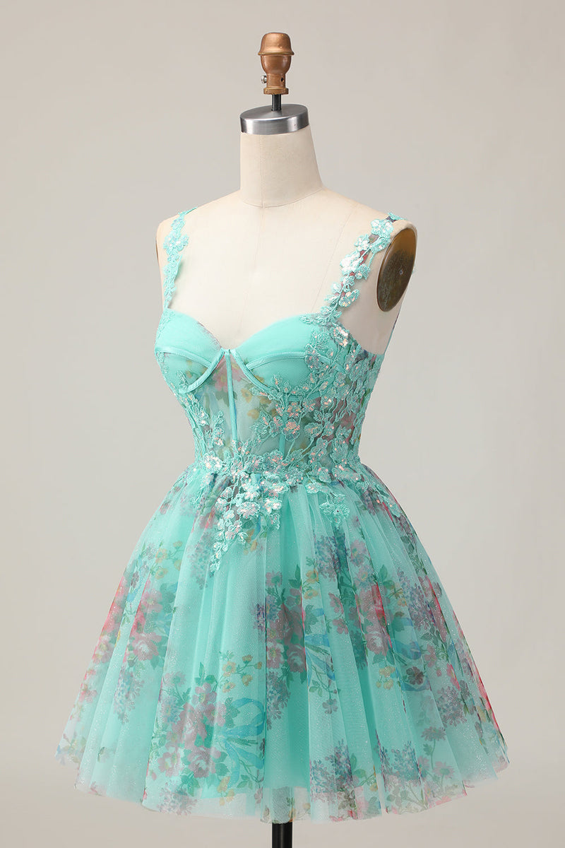 Load image into Gallery viewer, Sparkly Green Floral Corset A Line Short Prom Dress with Sequins