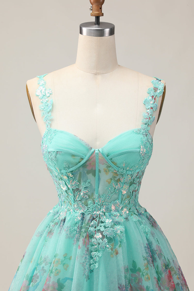 Load image into Gallery viewer, Sparkly Green Floral Corset A Line Short Prom Dress with Sequins