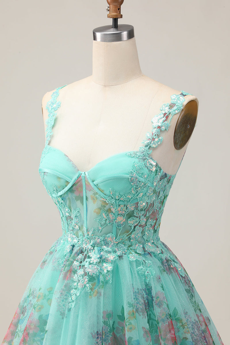Load image into Gallery viewer, Sparkly Green Floral Corset A Line Short Prom Dress with Sequins
