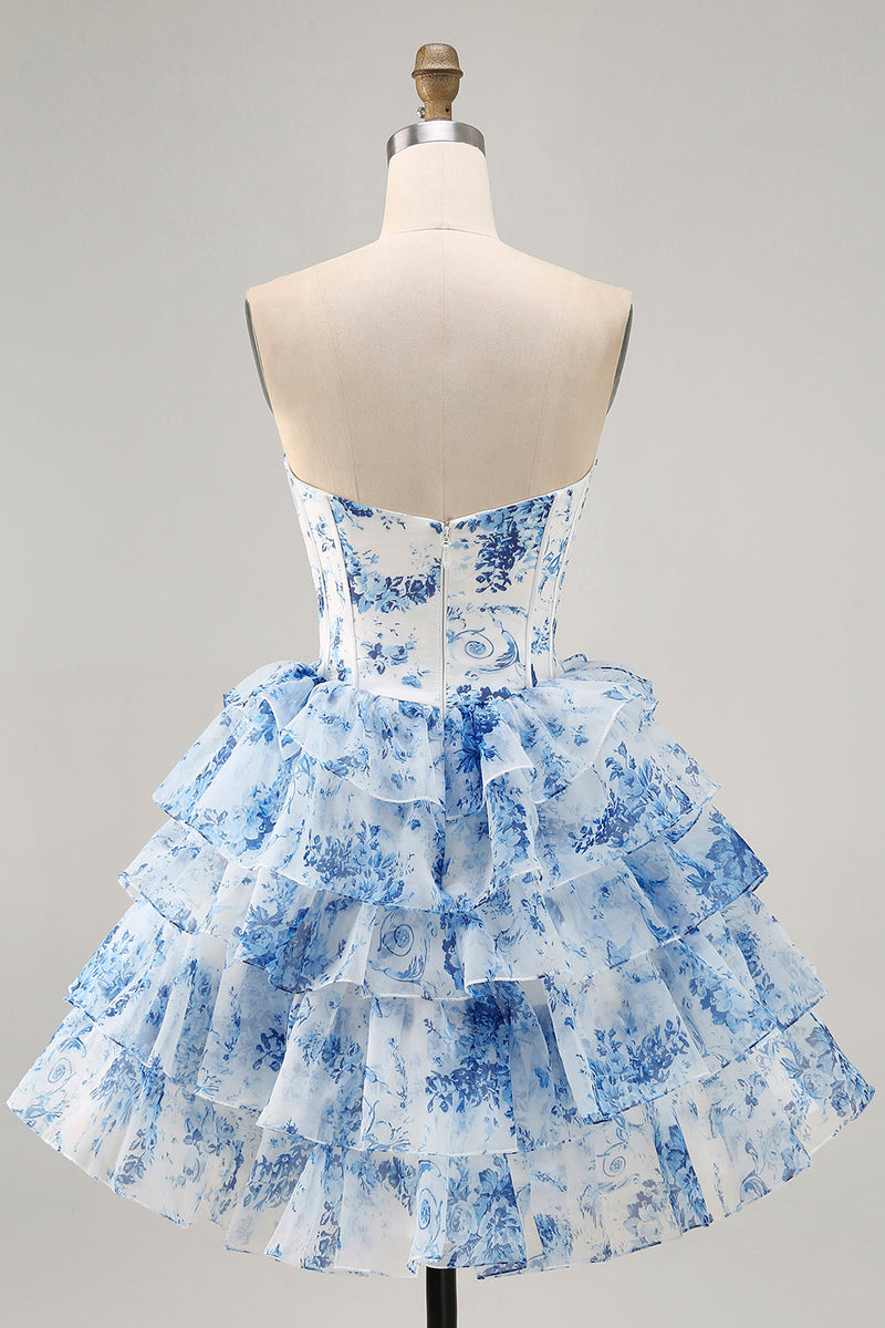Load image into Gallery viewer, Sparkly White Blue Flower A Line Corset Short Prom Dress with Ruffles
