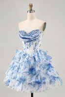 Load image into Gallery viewer, Sparkly White Blue Flower A Line Corset Short Prom Dress with Ruffles