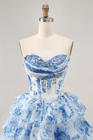 Load image into Gallery viewer, Sparkly White Blue Flower A Line Corset Short Prom Dress with Ruffles