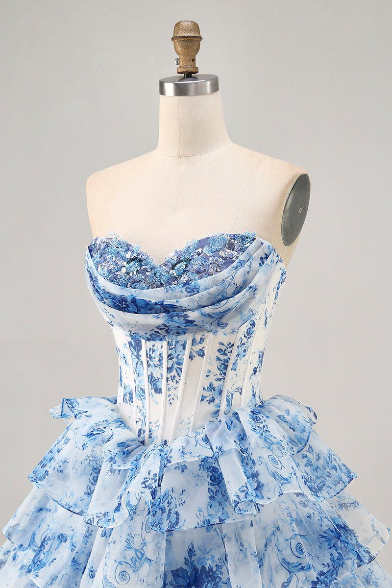 Load image into Gallery viewer, Sparkly White Blue Flower A Line Corset Short Prom Dress with Ruffles