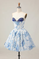 Load image into Gallery viewer, Sparkly White and Blue Corset Floral Short Prom Dress with Beading