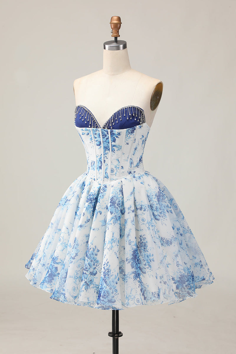 Load image into Gallery viewer, Sparkly White and Blue Corset Floral Short Prom Dress with Beading