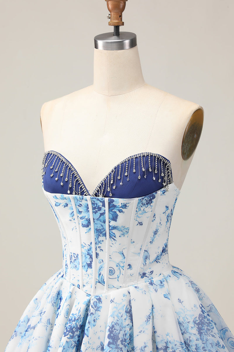 Load image into Gallery viewer, Sparkly White and Blue Corset Floral Short Prom Dress with Beading