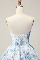 Load image into Gallery viewer, Sparkly White and Blue Corset Floral Short Prom Dress with Beading
