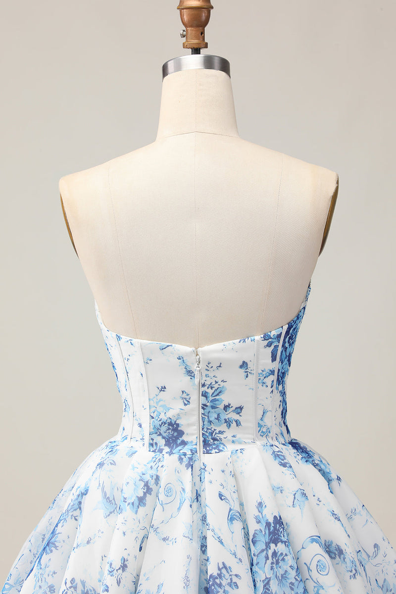 Load image into Gallery viewer, Sparkly White and Blue Corset Floral Short Prom Dress with Beading